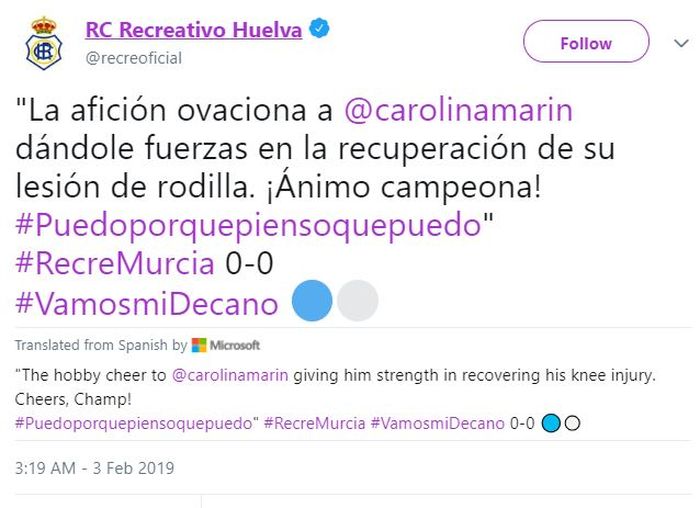 Klub Sepakbola Spanyol memberi ucapan semangat untuk marin di laman twitternya