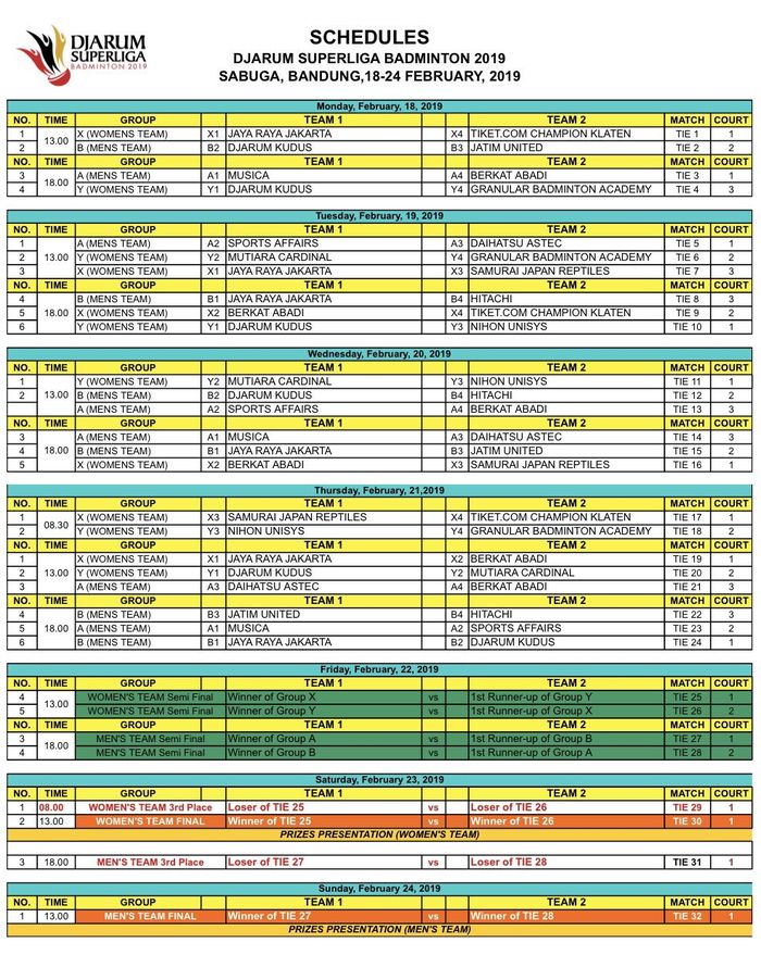Jadwal Lengkap Djarum Superliga Badminton 2019.