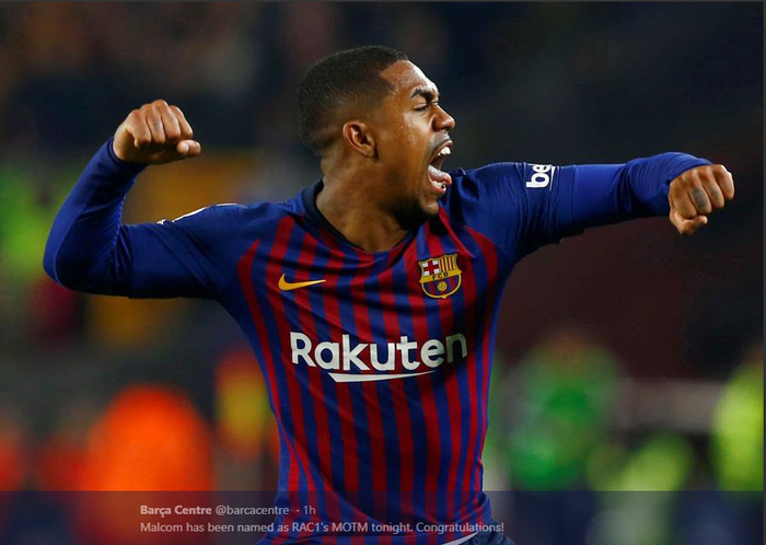 Penyerang Barcelona, Malcom, merayakan gol yang dicetak ke gawang Real Madrid dalam laga leg pertama semifinal Copa del Rey di Stadion Camp Nou, Rabu (6/2/2019).