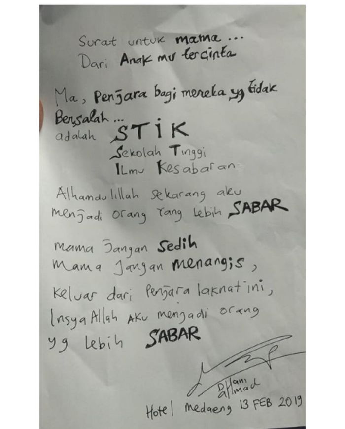 Surat tulisan tangan Ahmad Dhani