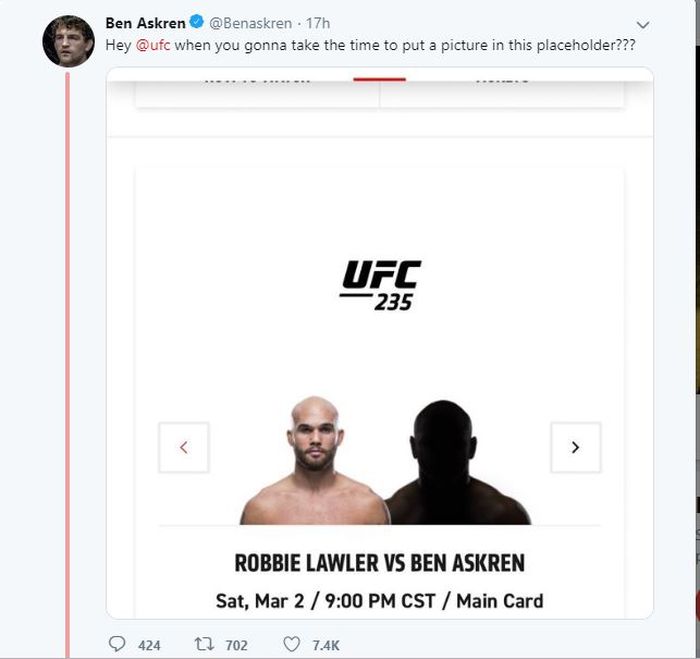 Unggahan Ben Askren saat bertanya kepada UFC di Twitter.