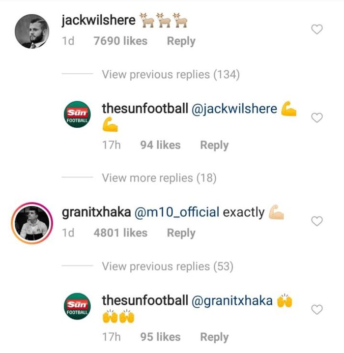 Granit Xhaka dan Jack Wilshere me-like unggahan Mesut Oezil di Instagram.