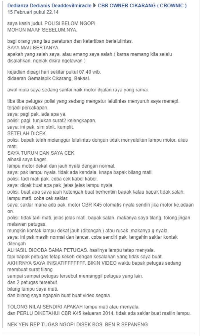 Curhatan pemotor ditilang polisi di Cikarang.