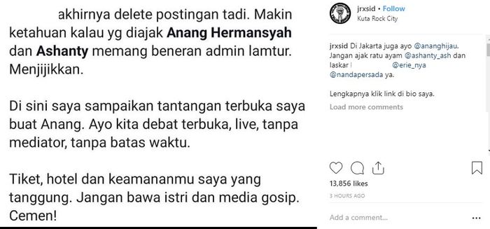 Jerinx SID menantang Anang Hermansyah tampil debat terbuka tanpa membawa Ashanty.
