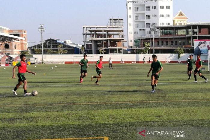 Sesi latihan timnas U-22 Indonesia menjelang laga melawan Kamboja pada matchday ketiga Grup B Piala AFF U-22 2019.