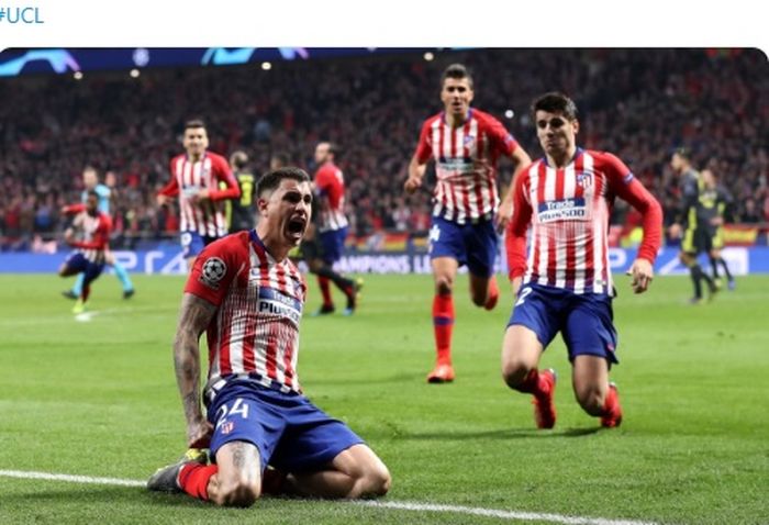 Bek Atletico Madrid, Jose Gimenez, merayakan gol yang dicetak ke gawang Juventus dalam laga leg pertama babak 16 besar Liga Champions di Stadion Wanda Metropolitano, Rabu (20/2/2019).