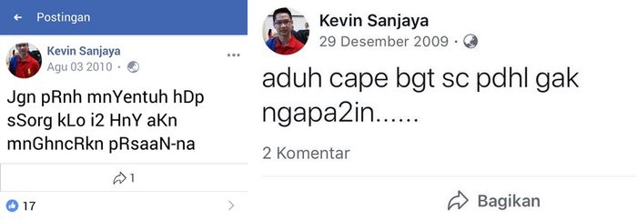 Status Facebook Kevin Sanjaya yang alay pada 2009.