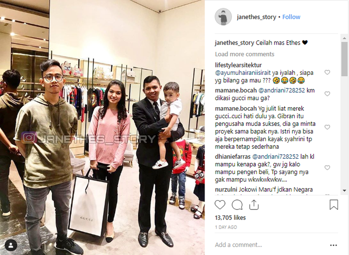 Gibran Rakabumi Raka menempati sang istri, Selvi Ananda bersama putranya Jan Ethes berbelanja tas branded Gucci.
