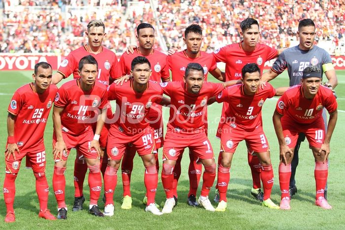 Pose skuat Persija Jakarta sebelum laga kontra Becamex Binh Duong di Stadion Utama Gelora Bung Karno (SUGBK), Selasa (26/2/2019).