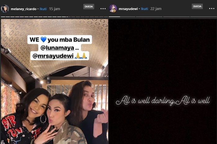 Unggahan Instagram story Ayu Dewi dan Melaney Ricardo