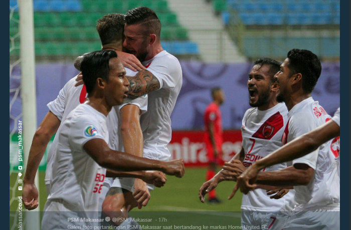 twitter.com/PSM_Makassar
Para pemain PSM Makassar merayakan gol Eero Markkanen ke gawang Home United, 27 Februari 2019.