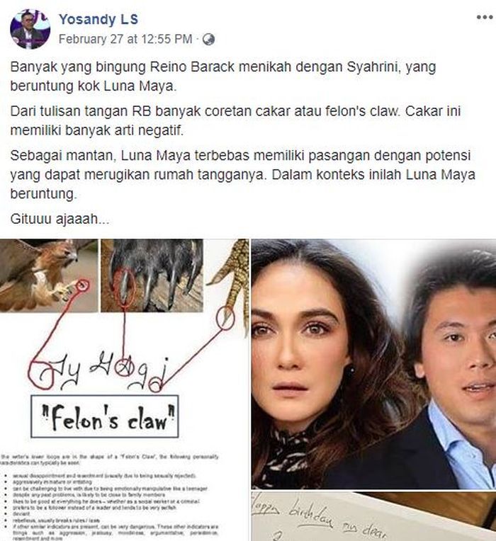 Unggahan pakar Grafologi, Yosandy yang menganalisis tulisan tangan Reino Barack