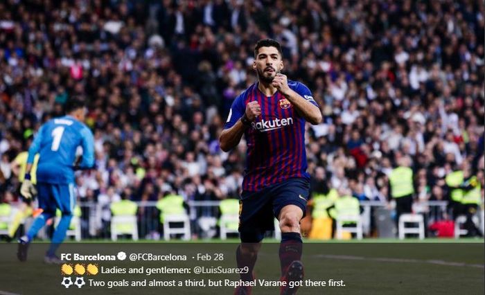 Luis Suarez merayakan gol untuk Barcelona ke gawang Real Madrid pada duel el clasico di Copa del Rey, 27 Februari 2019.