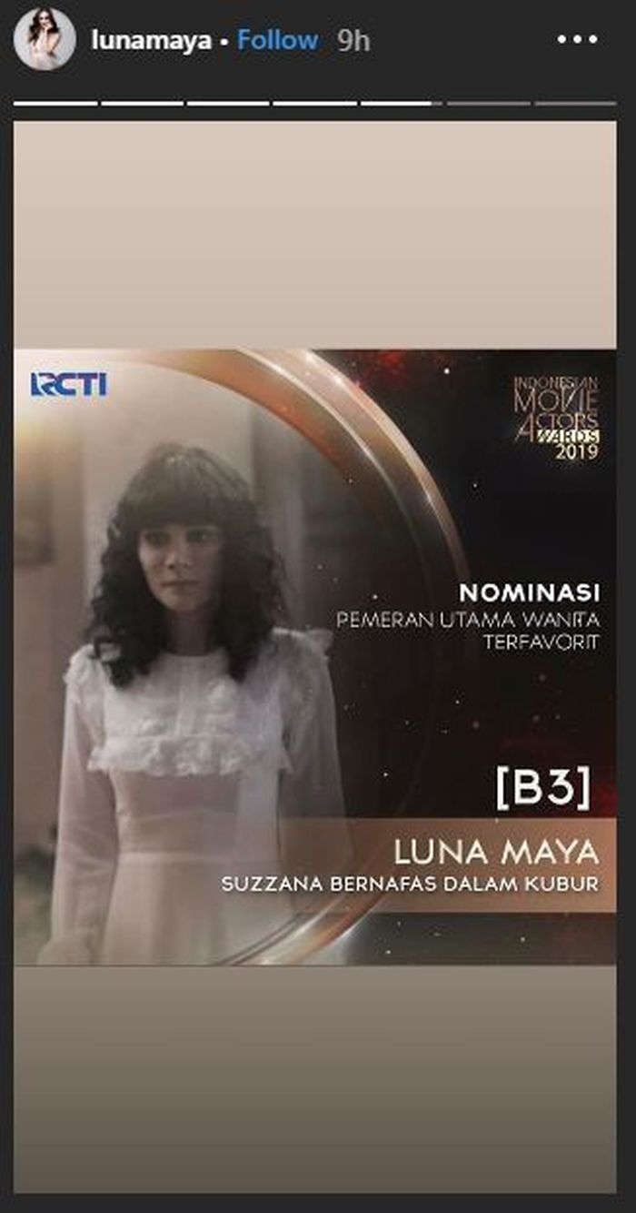 Nominasi yang didapat Luna Maya dalam ajang Indonesia Movie Actors Awards 2019