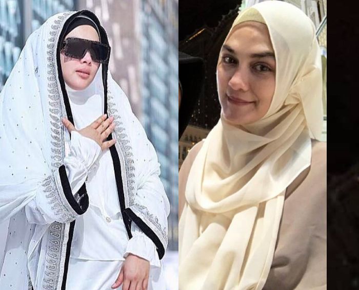 Penampilan Syahrini dan Luna Maya saat mengenakan hijab bernuansa warna putih saat Umrah di Tanah Suci