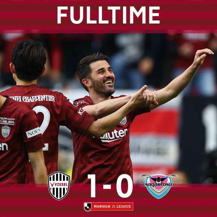 Selebrasi David Villa seusai mencetak gol tunggal Vissel Kobe ke gawang Sagan Tosu pada pekan kedua Liga Jepang 1 2019, 3 Maret 2019. 