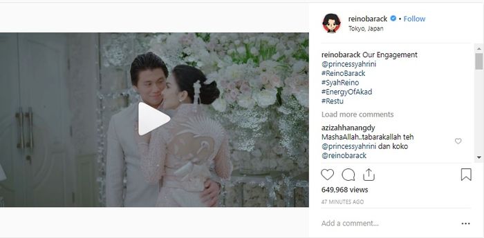 Unggahan video lamaran Syahrini dan Reino Barack di Instagram Reino.