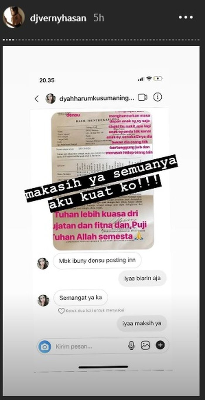 Unggahan DJ Verny Hasan yang memperlihatkan Instastory Ibunda Denny Sumargo.