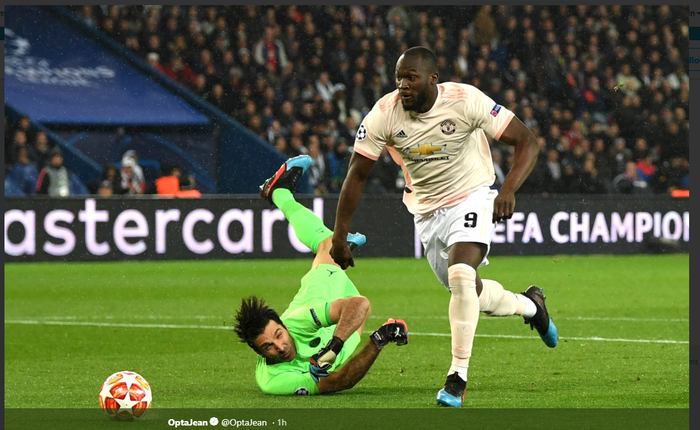 Striker Manchester United, Romelu Lukaku, mencetak gol ke gawang PSG pada laga leg kedua babak 16 besar Liga Champions, sekaligus mendapat rating tertinggi