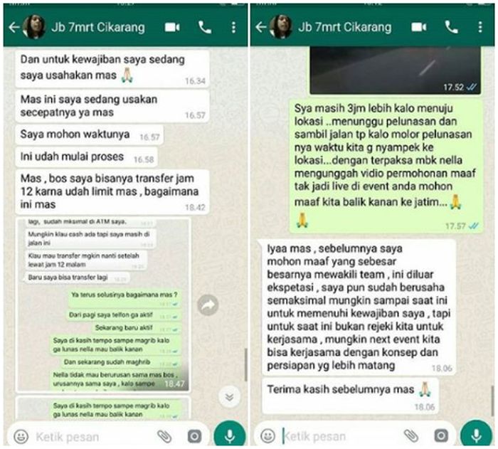 Isi percakapan manager Nella Kharisma dan promotor acara.