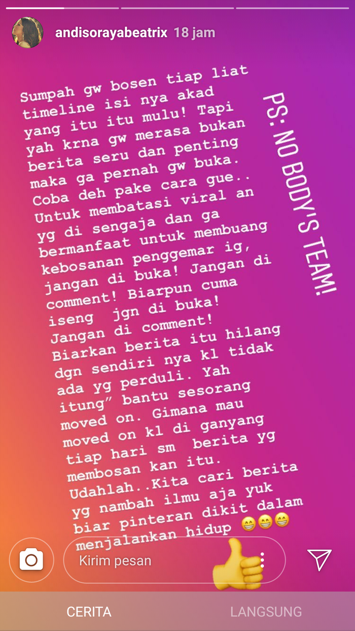 Andi Soraya merasa bosan dengan pemberitaan pernikahan Syahrini dan Reino Barack.