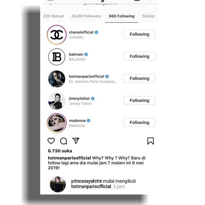Bukti Syahrini kembali ikuti Instagram Hotman Paris