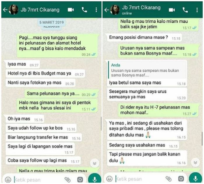 Isi percakapan WhatsApp (WA) manager Nella Kharisma dengan promotor acara.