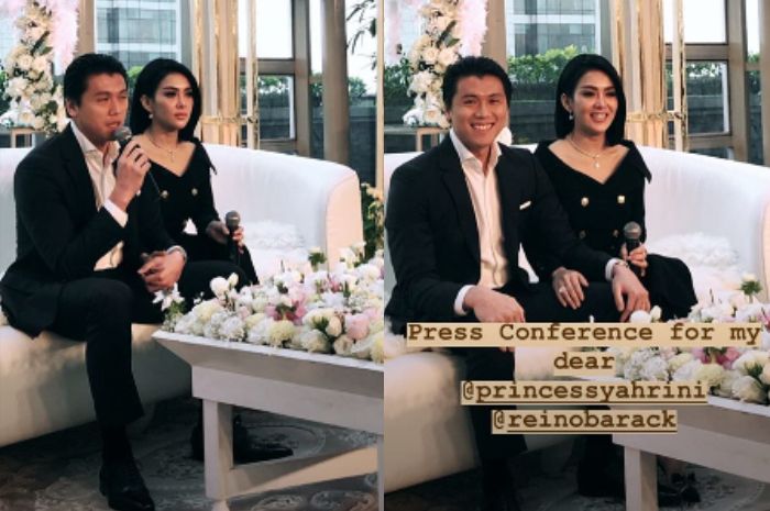 Penampilan perdana pasangan fenomenal Syahrini dan Reino Barack saat jumpa pers setelah menikah di Jepang