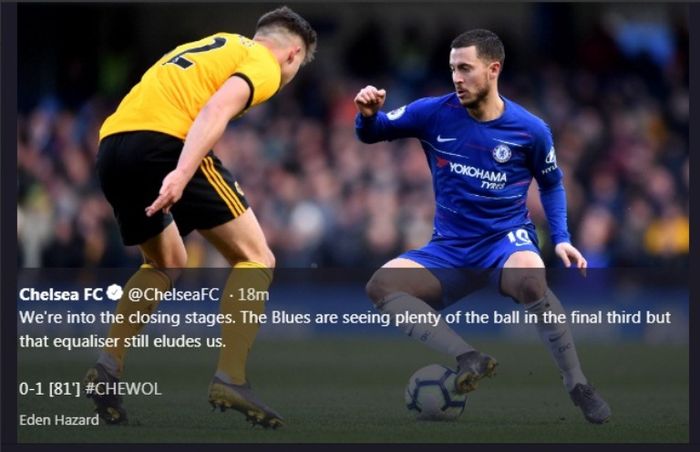 Winger Chelsea, Eden Hazard, dalam partai Liga Inggris melawan Wolverhampton di Stamford Bridge, Minggu (10/3/2019)