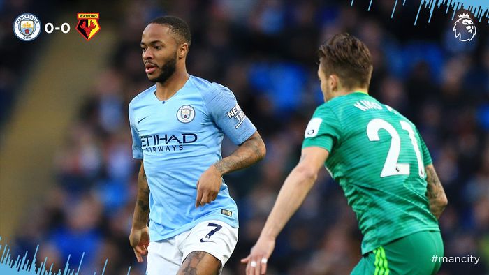 Raheem Sterling beraksi membela Manchester City menghadapi Watford, 9 Maret 2019.