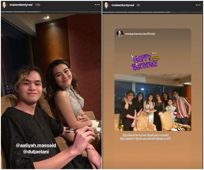 Dul Jaelani ddatang dan duduk berdua dengan Aaliyah Massaid saat acara ulang tahun