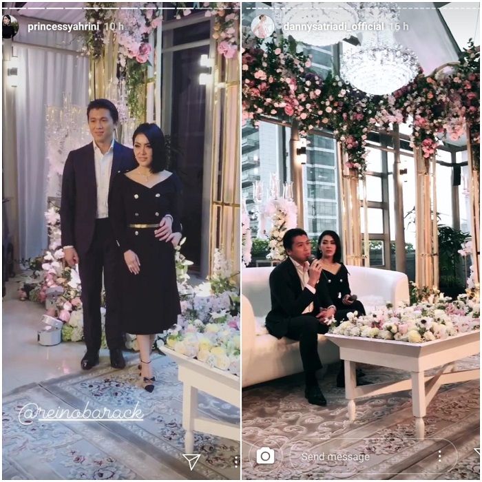(kiri) Syahrini dan Reino sedang berpose di depan awak media, (kanan) Reino Barack memulai bercerita tentang pernikahannya dengan Syahrini