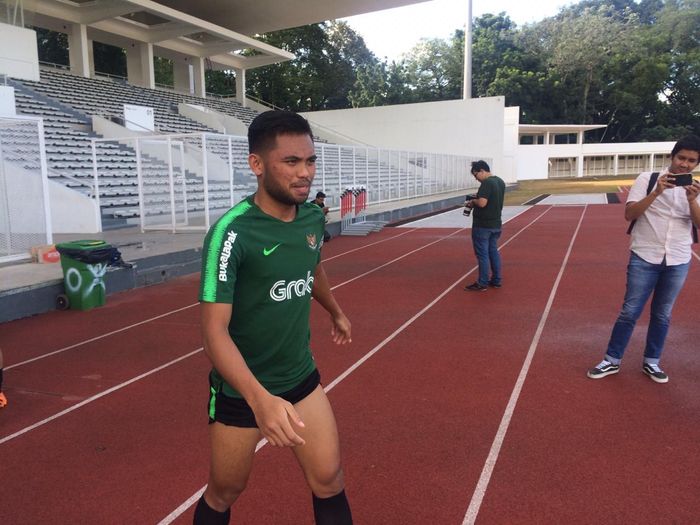 Penyerang timnas U-23 Indonesia, Saddil Ramdani dalam sesi latihan di Stadion Madya, Senayan, Jakarta, Senin (11/3/2019) sore