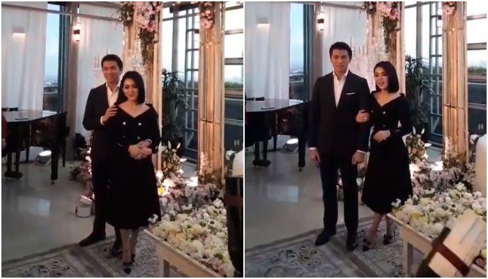Wajah canggung Syahrini pundaknya dipegang Reino Barack
