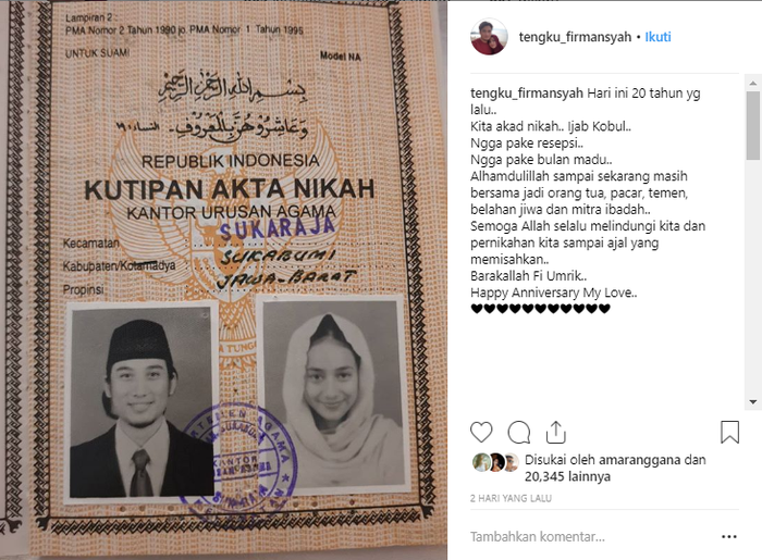 Tengku Firmansyah kenang 20 tahun pernikahannya dengan Cindy Fatikasari