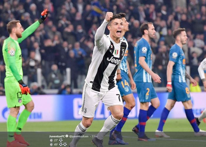 Megabintang Juventus, Cristiano Ronaldo, merayakan gol yang dicetak ke gawang Atletico Madrid dalam laga leg kedua babak 16 besar Liga Champions di Stadion Allianz, Selasa (12/3/2019).