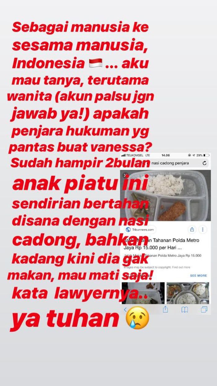 Menu makanan Vanessa Angel di penjara