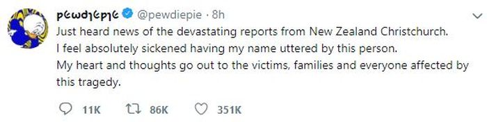 Respon Pewdiepie terkait kabar namanya yang disebut oleh teroris sebelum melakukan aksinya. Tangkap layar Twitter/Pewdiepie