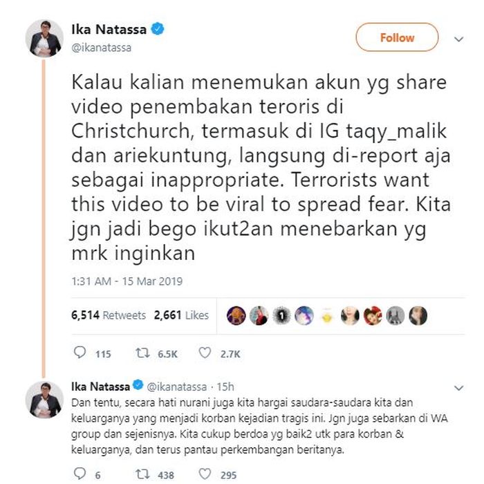 Ika Natassa mengimbau netizen agar tak menyebarluaskan video aksi penembakan di Selandia Baru.
