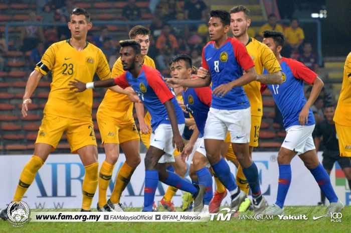 Para pemain timnas U-23 Australia saat menghadapi serangan timnas U-23 Malaysia di Stadion Shah Alam, Selangor, Minggu (17/3/2019).