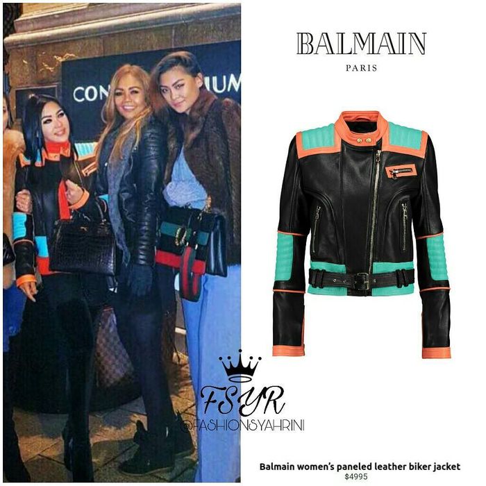 Koleksi jaket kulit Syahrini - Balmain Women's Paneled Leather Biker Jacket