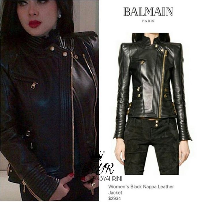 Koleksi jaket kulit Syahrini - Balmain Black Nappa Leather Jacket