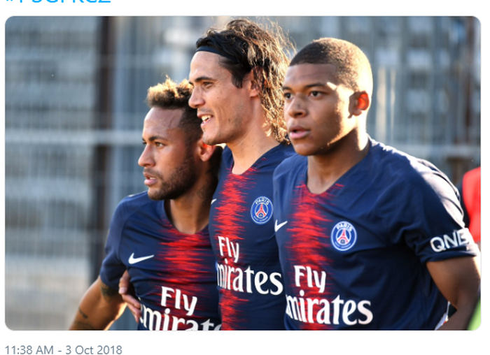 Trio penyerang PSG: Neymar, Edinson Cavani, Kylian Mbappe.