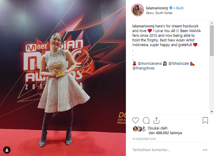Marion Jola terima penghargaan MAMA 2018