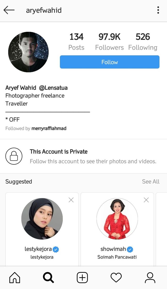 Akun Instagram suami Evi Masamba, Arif Hajrianto alias Aryef Wahid.