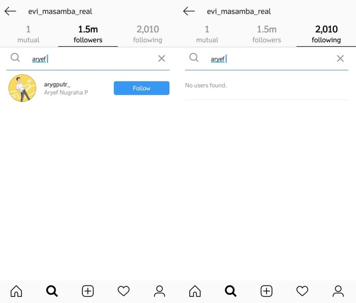 Evi Masamba dan Arif Hajrianto tak saling follow di Instagram satu sama lain.