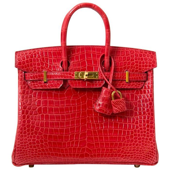 Tas mewah berseri Hermes Kelly 25 GHW Crocodile Bag berwarna merah maroon