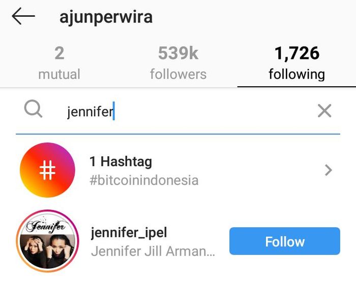 Jennifer yang diikuti Ajun Perwira di Instagram