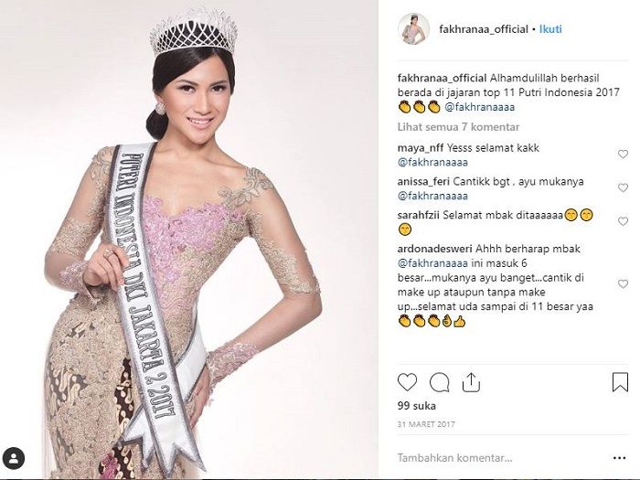 Fakhrana saat jadi finalis Putri Indonesia 2017