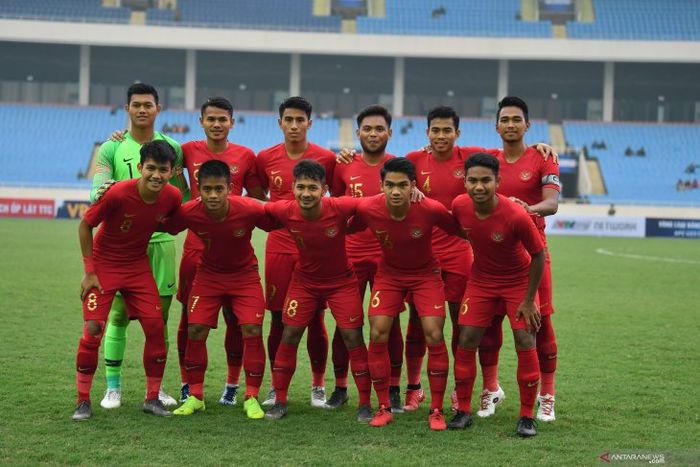 Skuat timnas U-23 Indonesia saat melawan Brunei Darussalam pada laga terakhir Grup K Kualifikasi Piala Asia U-23 2020 di Stadion Nasional My Dinh, Vietnam, Selasa (26/3/2019).